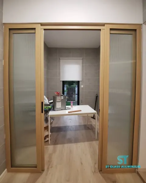 Wood Colour Hanging — Trackless Sliding Door by ST Glass Aluminium thumbnail 3